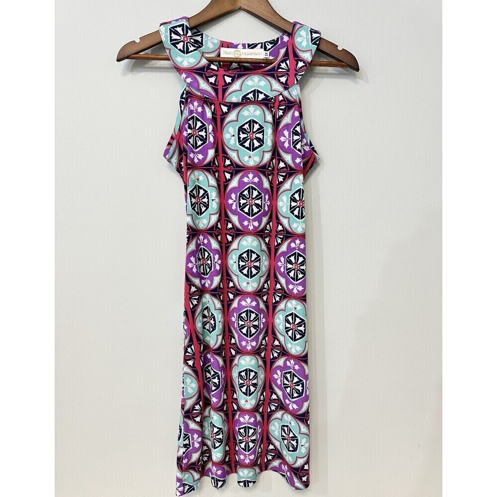 Tracy Negoshian Shift Dress Geometric Print Hot Pink Sz XS Sleeveless Midi